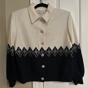 St. John Evening Marie Gray Santana Knit Jacket Crystal Argyle Sz 12 Black Cream